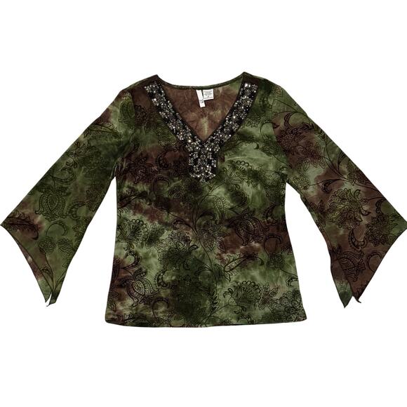 Y2K Sami Jo Womens Blouse Medium Green Brown Velvet Burnout Crystals Fairygrunge - Picture 3 of 10